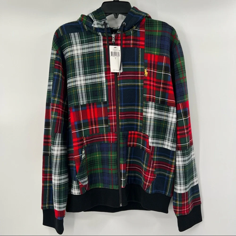 NWT Polo Ralph Lauren Men’s Size Large Patchwor Plaid Full Zip Hoodie.